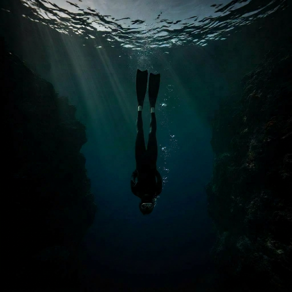 Spearfisher gripping a wooden speargun underwater